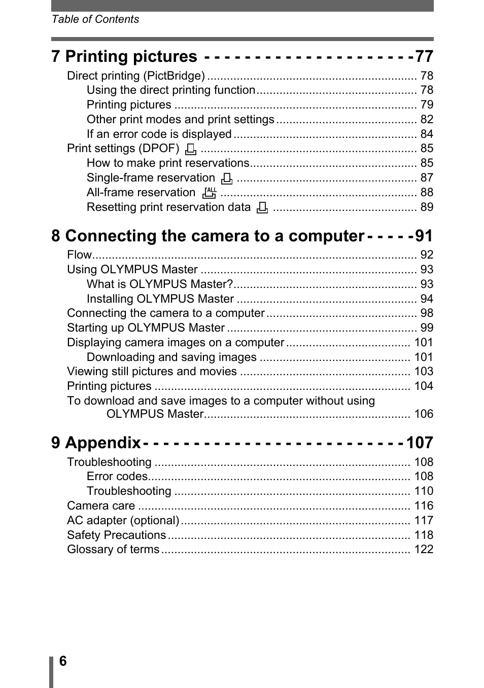 7 printing pictures, 8 connecting the camera to a computer, 9 appendix | Olympus FE-120 User Manual | Page 6 / 139