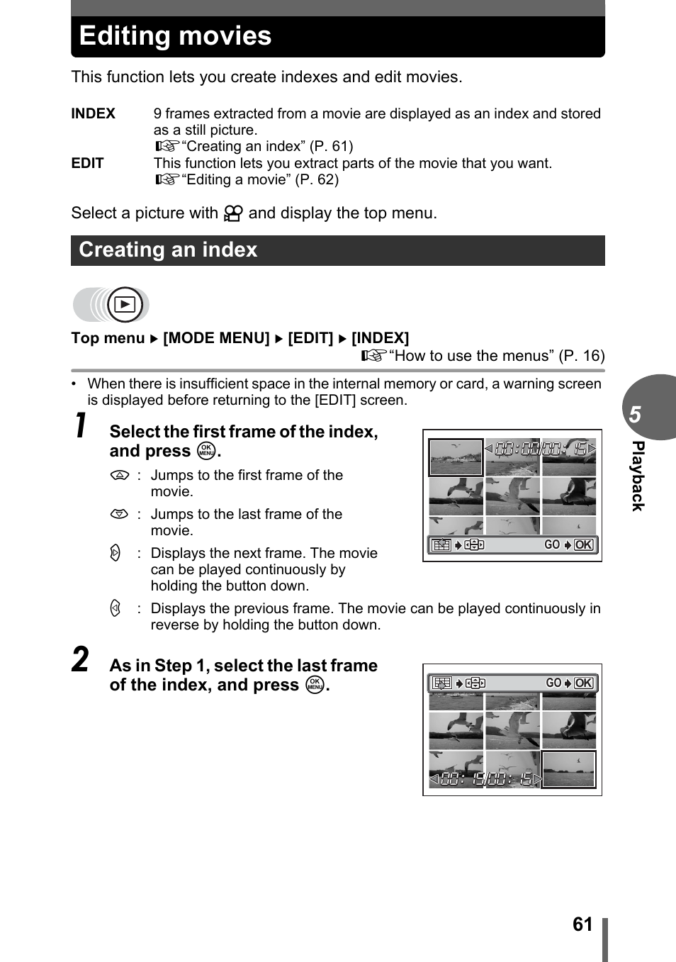 Editing movies, Creating an index | Olympus FE-120 User Manual | Page 61 / 139