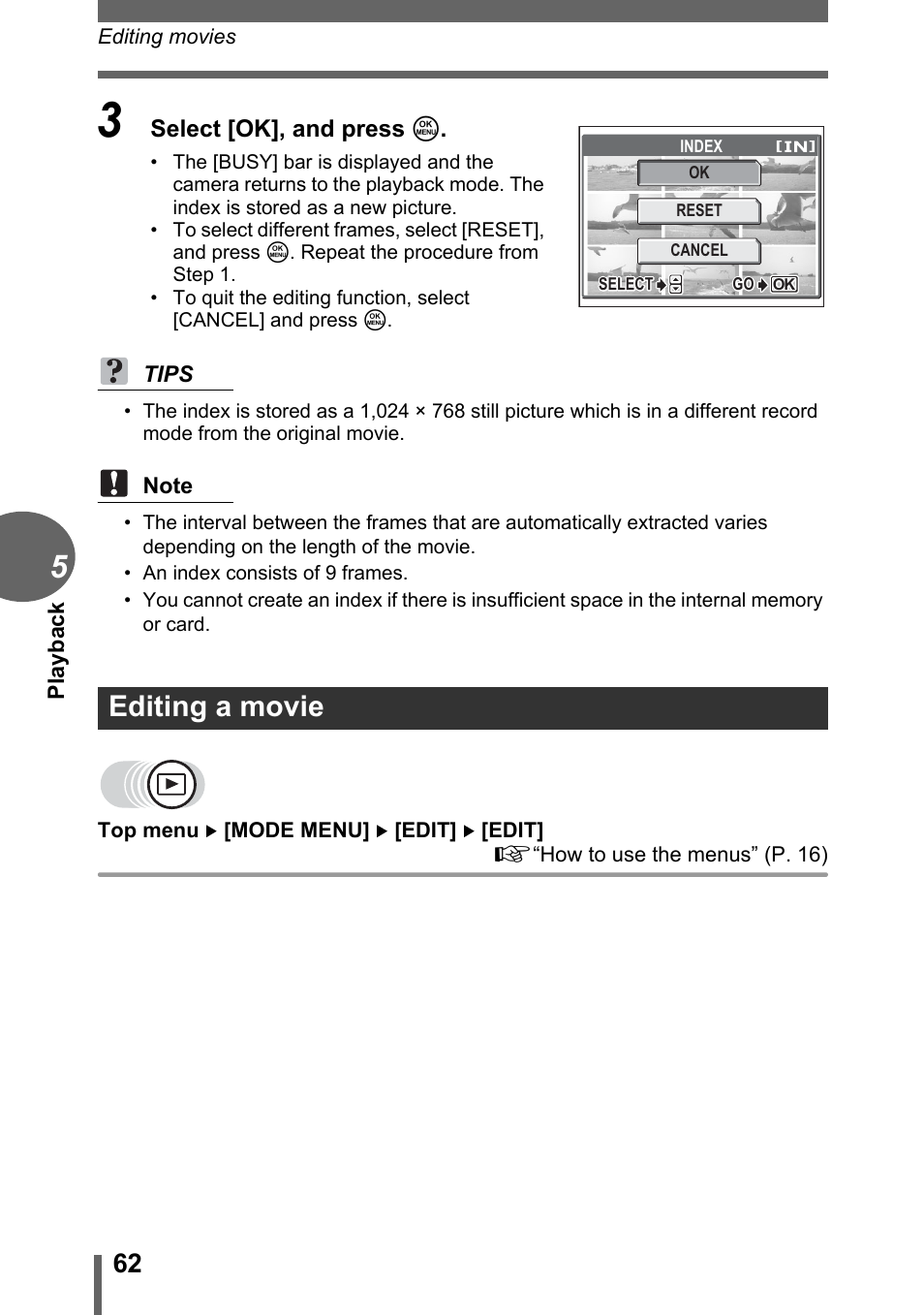 Editing a movie | Olympus FE-120 User Manual | Page 62 / 139