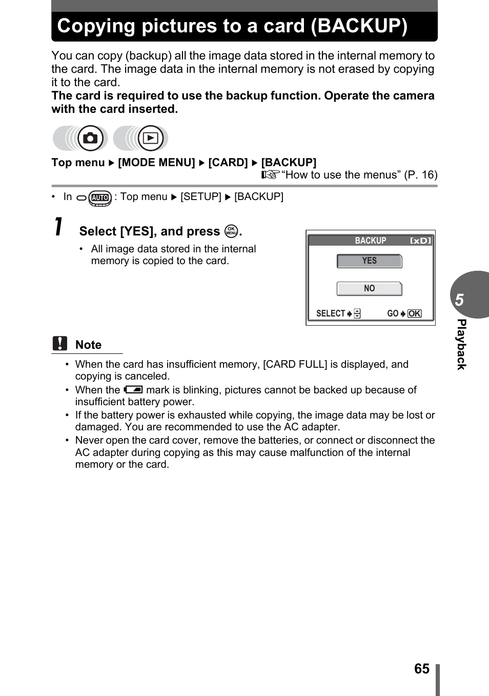 Copying pictures to a card (backup) | Olympus FE-120 User Manual | Page 65 / 139