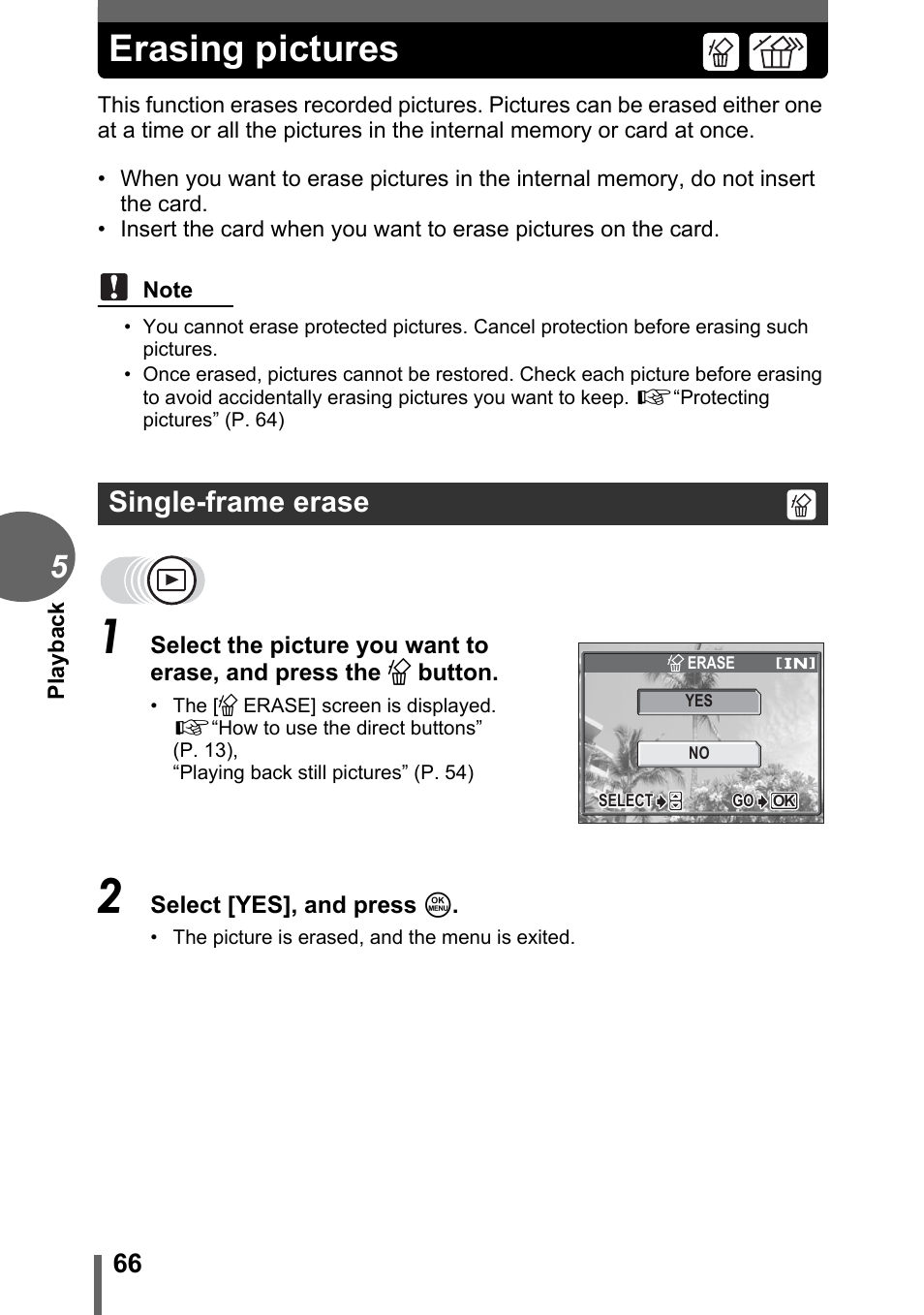 Erasing pictures, Single-frame erase | Olympus FE-120 User Manual | Page 66 / 139