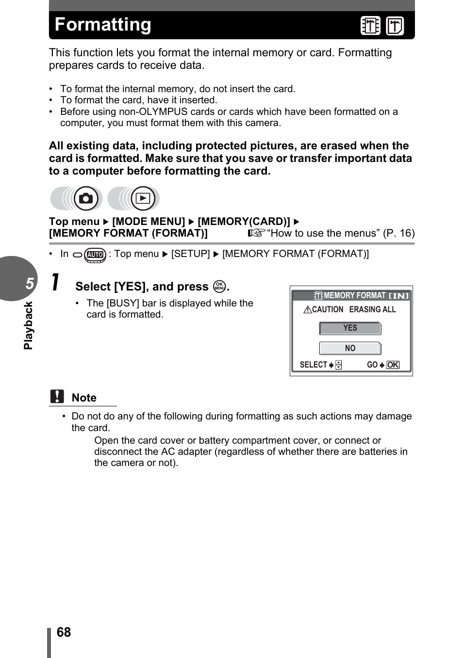 Formatting | Olympus FE-120 User Manual | Page 68 / 139