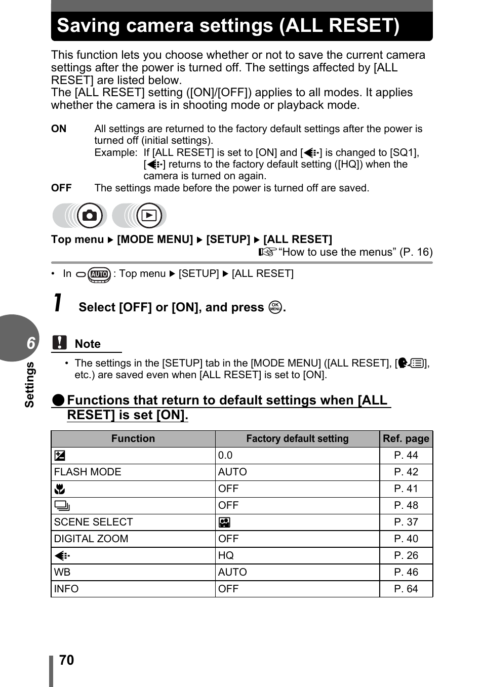 Saving camera settings (all reset) | Olympus FE-120 User Manual | Page 70 / 139