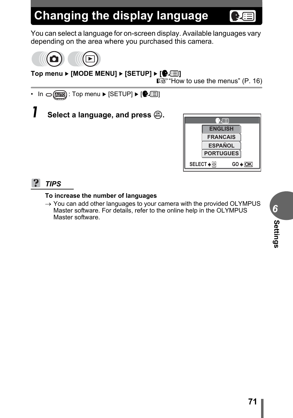 Changing the display language, G“changing the display, Language” (p. 71) | Olympus FE-120 User Manual | Page 71 / 139