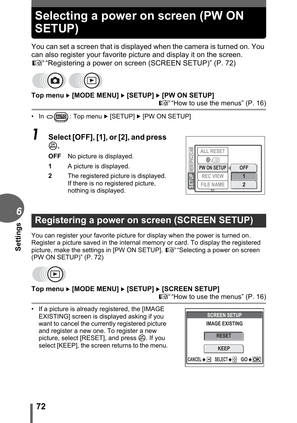 Selecting a power on screen (pw on setup), Registering a power on screen (screen setup) | Olympus FE-120 User Manual | Page 72 / 139