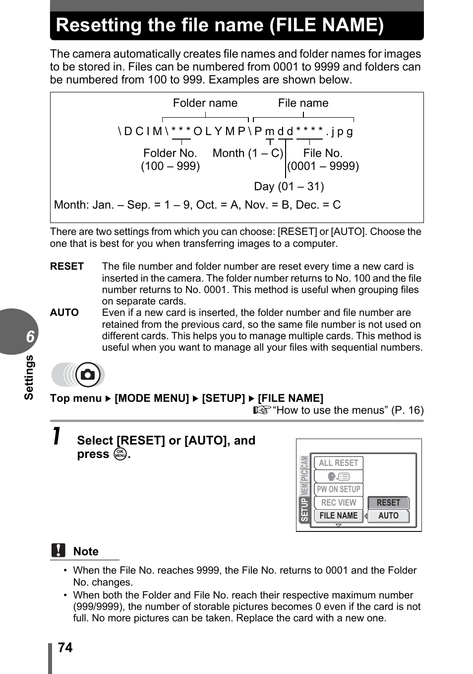 Resetting the file name (file name) | Olympus FE-120 User Manual | Page 74 / 139