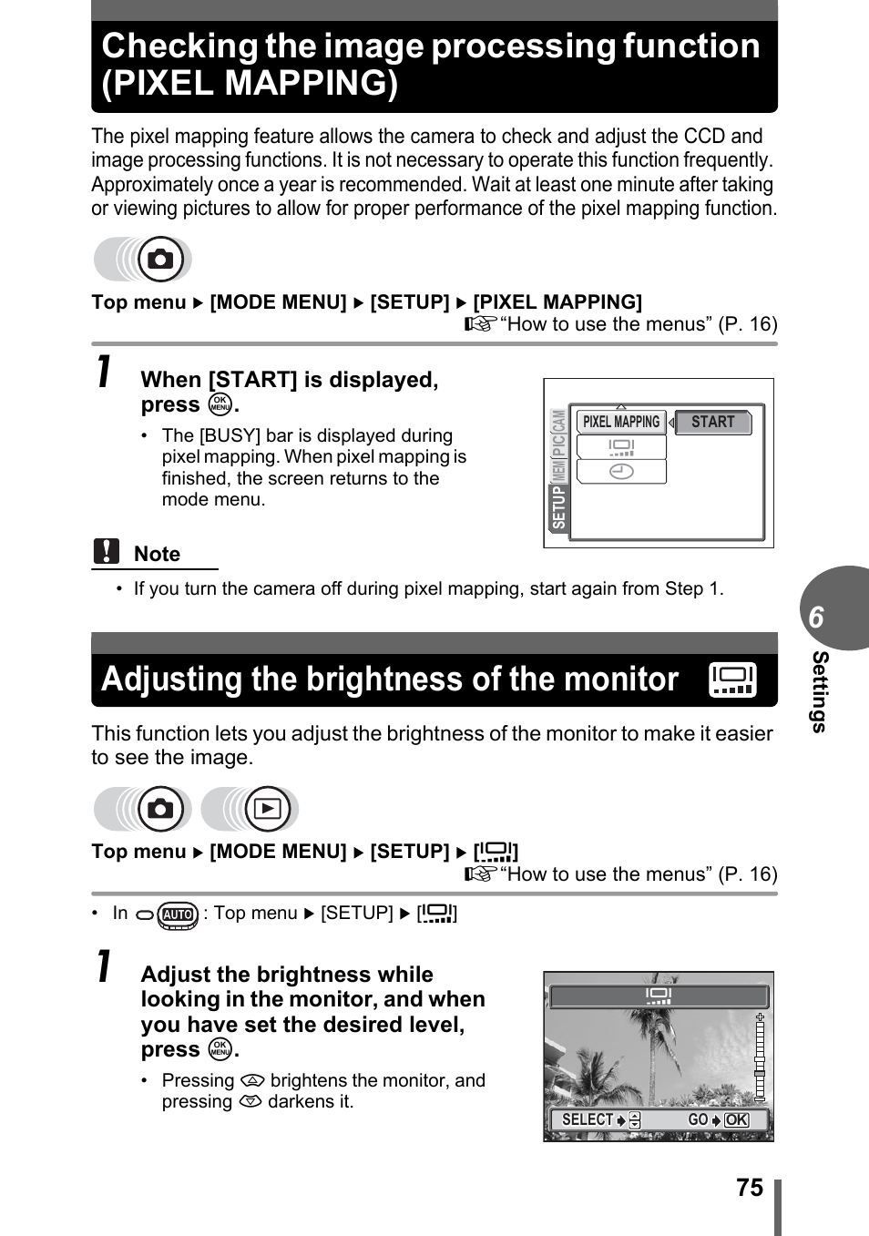 Adjusting the brightness of the monitor | Olympus FE-120 User Manual | Page 75 / 139