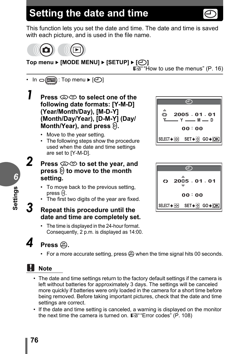 Setting the date and time | Olympus FE-120 User Manual | Page 76 / 139