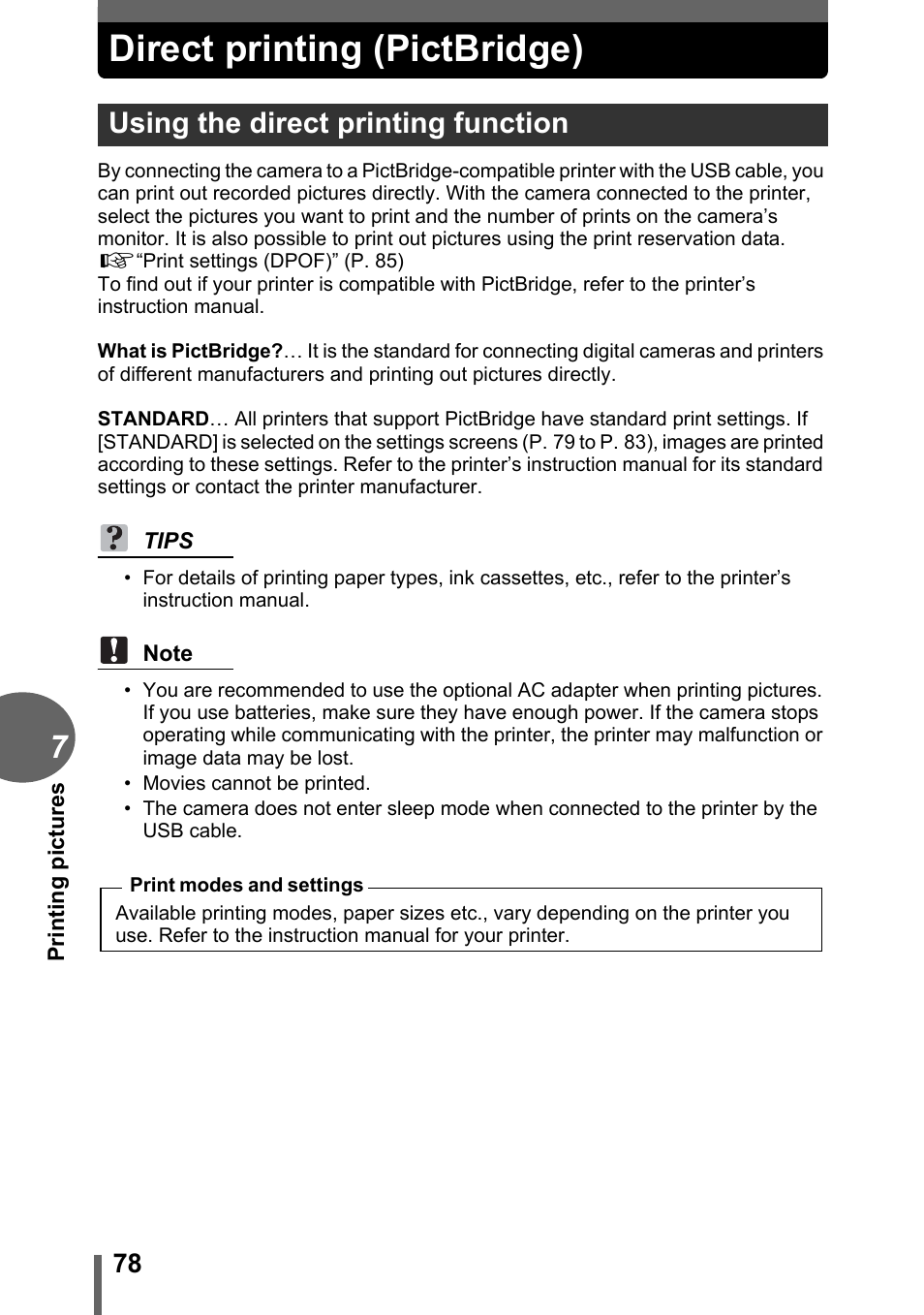 Direct printing (pictbridge), Using the direct printing function | Olympus FE-120 User Manual | Page 78 / 139