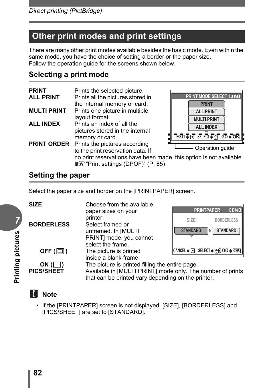 Other print modes and print settings, Selecting a print mode, Setting the paper | Olympus FE-120 User Manual | Page 82 / 139