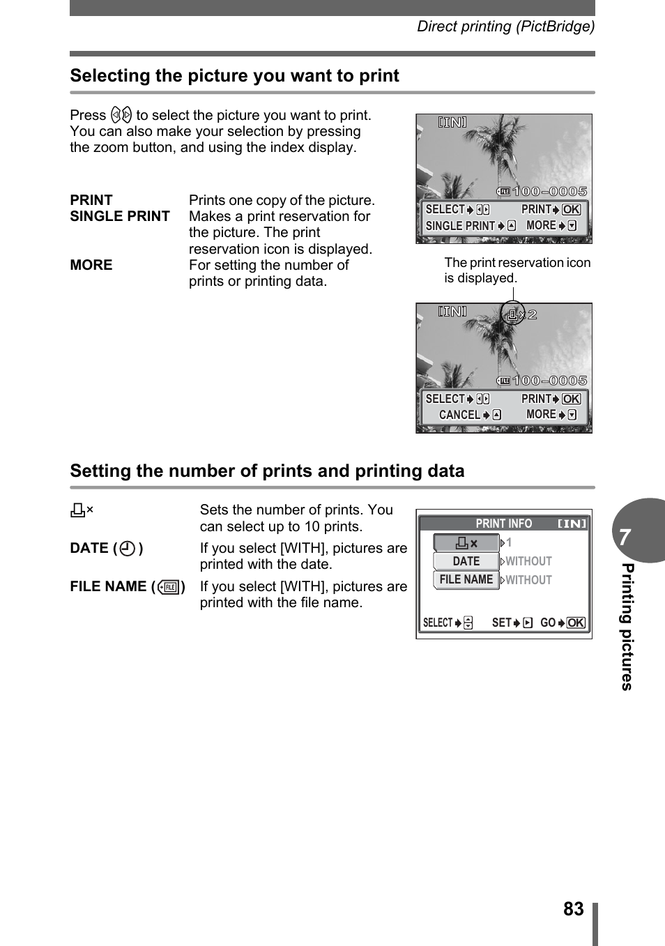 Selecting the picture you want to print, Setting the number of prints and printing data, Printing pictures | Olympus FE-120 User Manual | Page 83 / 139
