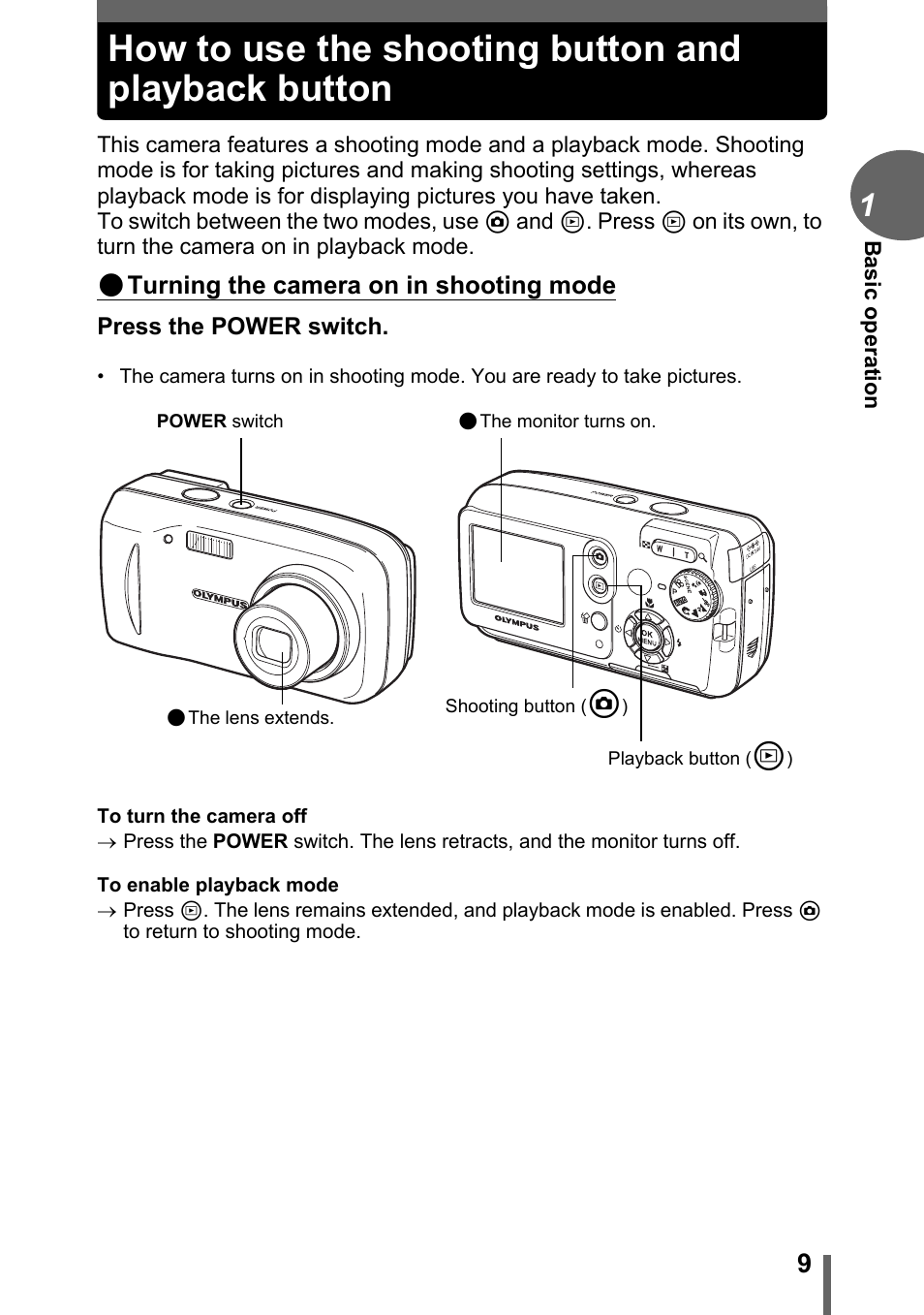 How to use the shooting button and playback button | Olympus FE-120 User Manual | Page 9 / 139