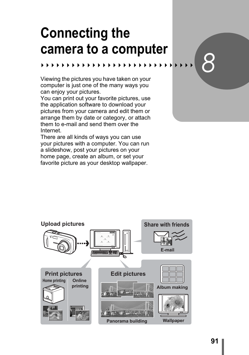 8 connecting the camera to a computer, Connecting the camera, To a computer | P. 91, Connecting the camera to a computer | Olympus FE-120 User Manual | Page 91 / 139