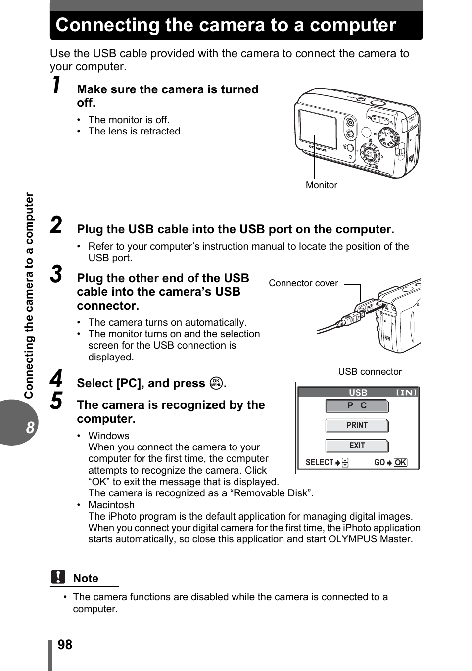 Connecting the camera to a computer, Gp. 98 | Olympus FE-120 User Manual | Page 98 / 139
