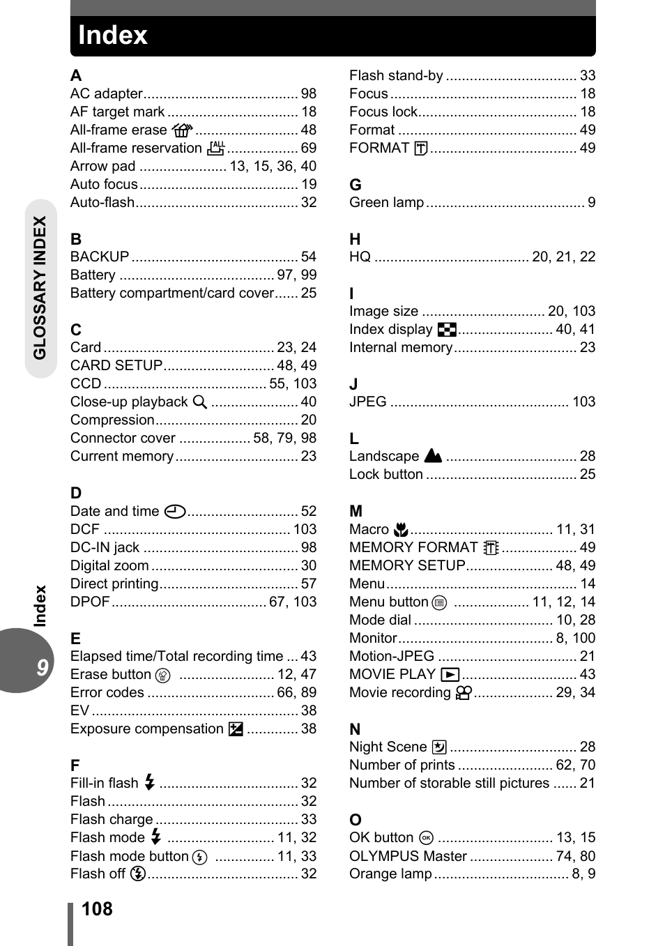 Index | Olympus FE-110 User Manual | Page 108 / 110