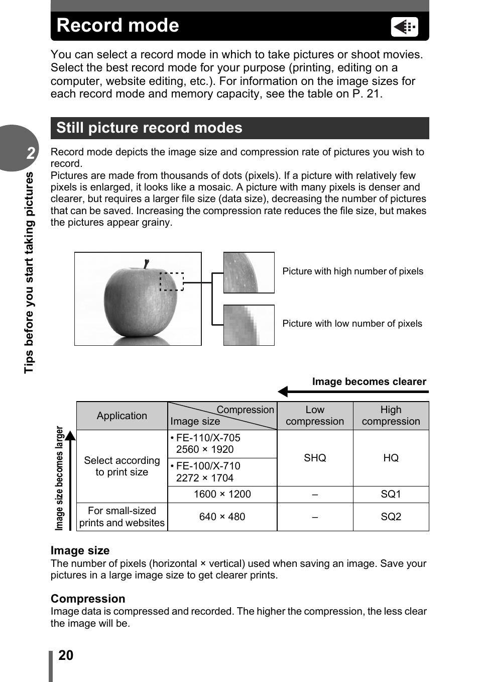 Record mode, Still picture record modes | Olympus FE-110 User Manual | Page 20 / 110