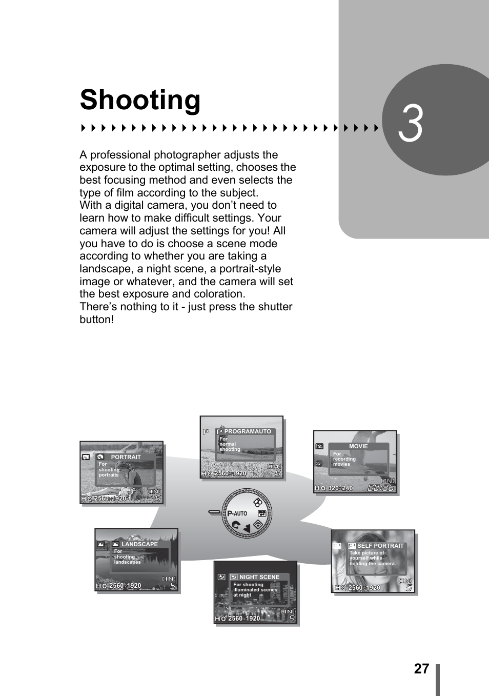 3 shooting, Shooting, P. 27 | Olympus FE-110 User Manual | Page 27 / 110