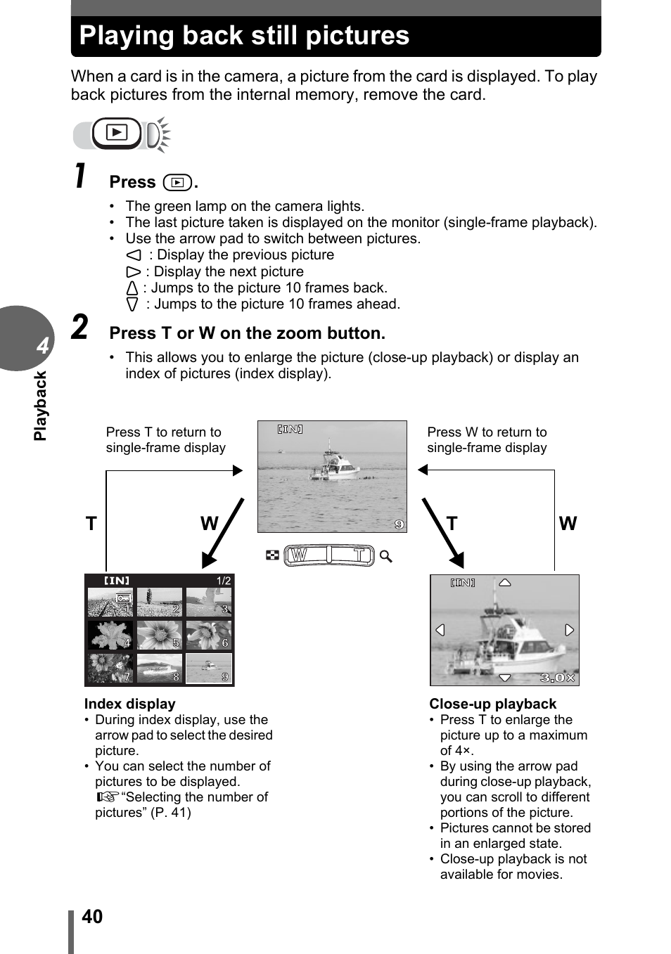 Playing back still pictures, Wt t w | Olympus FE-110 User Manual | Page 40 / 110