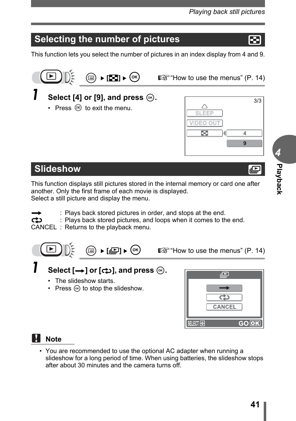 Selecting the number of pictures, Slideshow, Selecting the number of pictures slideshow | Olympus FE-110 User Manual | Page 41 / 110