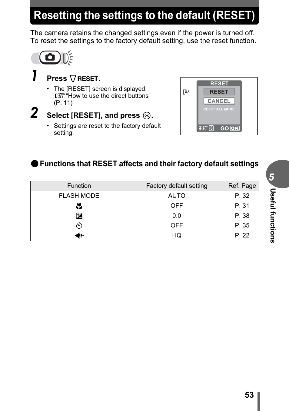 Resetting the settings to the default (reset), P. 53 | Olympus FE-110 User Manual | Page 53 / 110