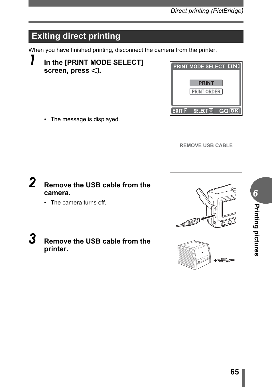 Exiting direct printing | Olympus FE-110 User Manual | Page 65 / 110
