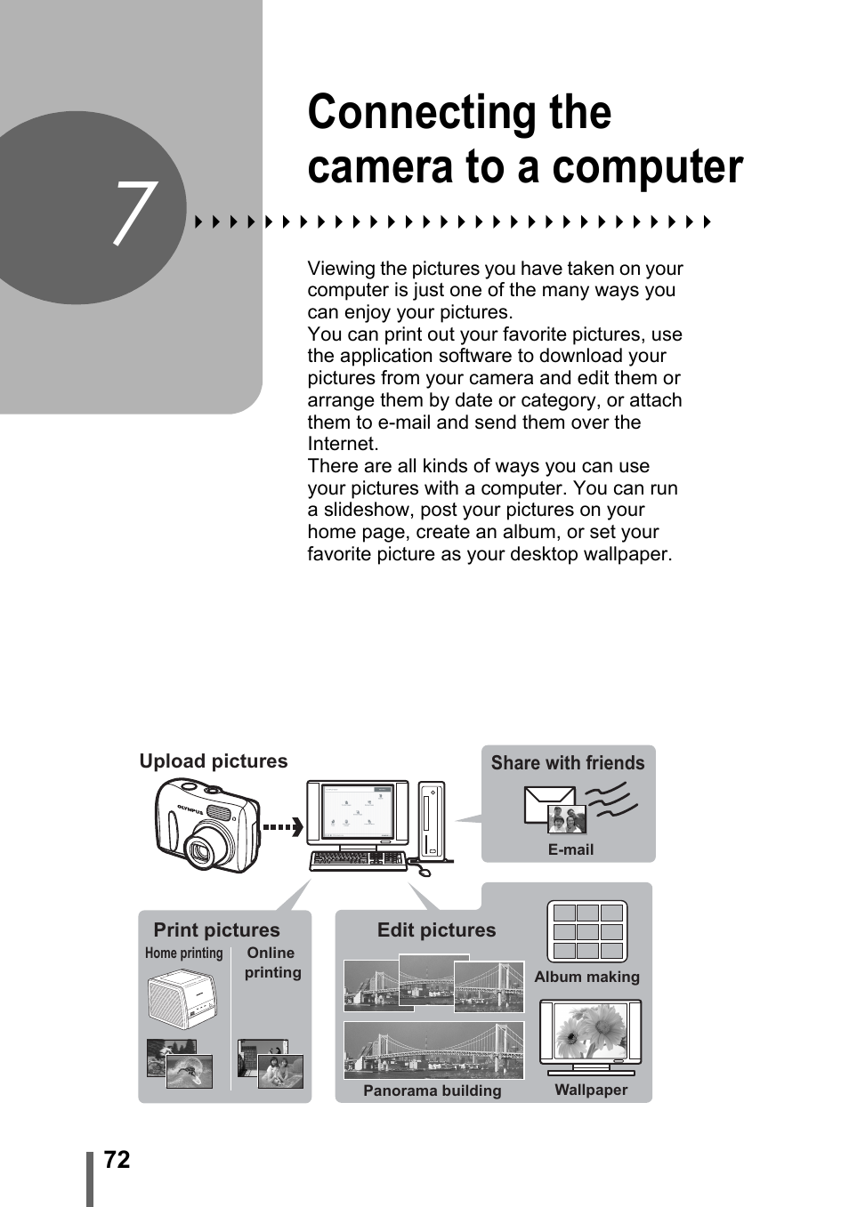 7 connecting the camera to a computer, Connecting the camera to, A computer | P. 72, Connecting the camera to a computer | Olympus FE-110 User Manual | Page 72 / 110