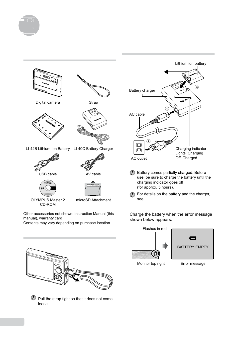 Preparing the camera, Checking the contents of the box, Attaching the camera strap | Charging the battery, 10 en | Olympus µ 1050 SW User Manual | Page 10 / 80