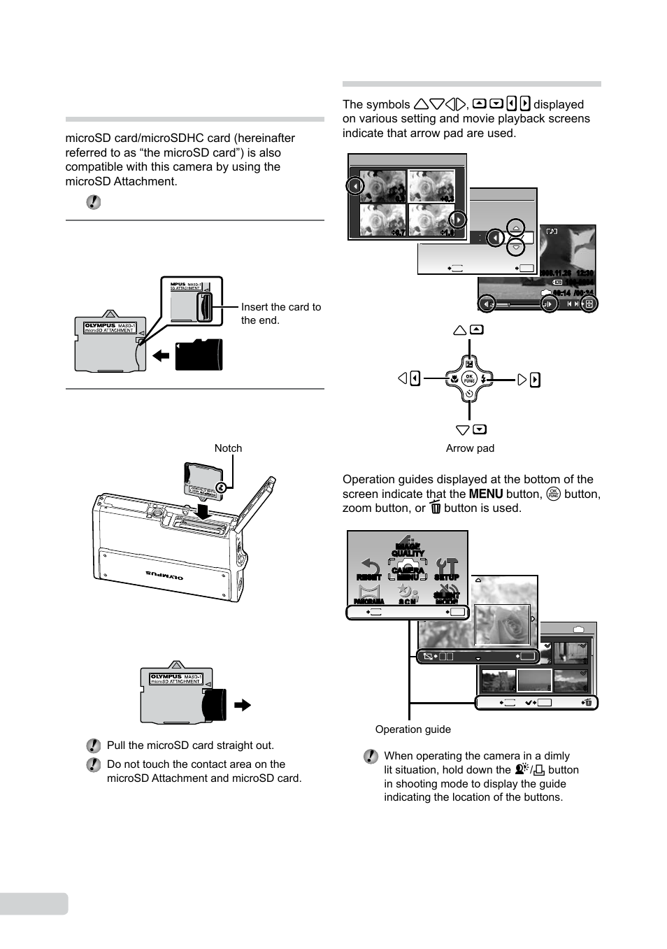 Arrow pad and operation guide, Insert the microsd card into the attachment, Insert the microsd attachment into the camera | Olympus µ 1050 SW User Manual | Page 12 / 80