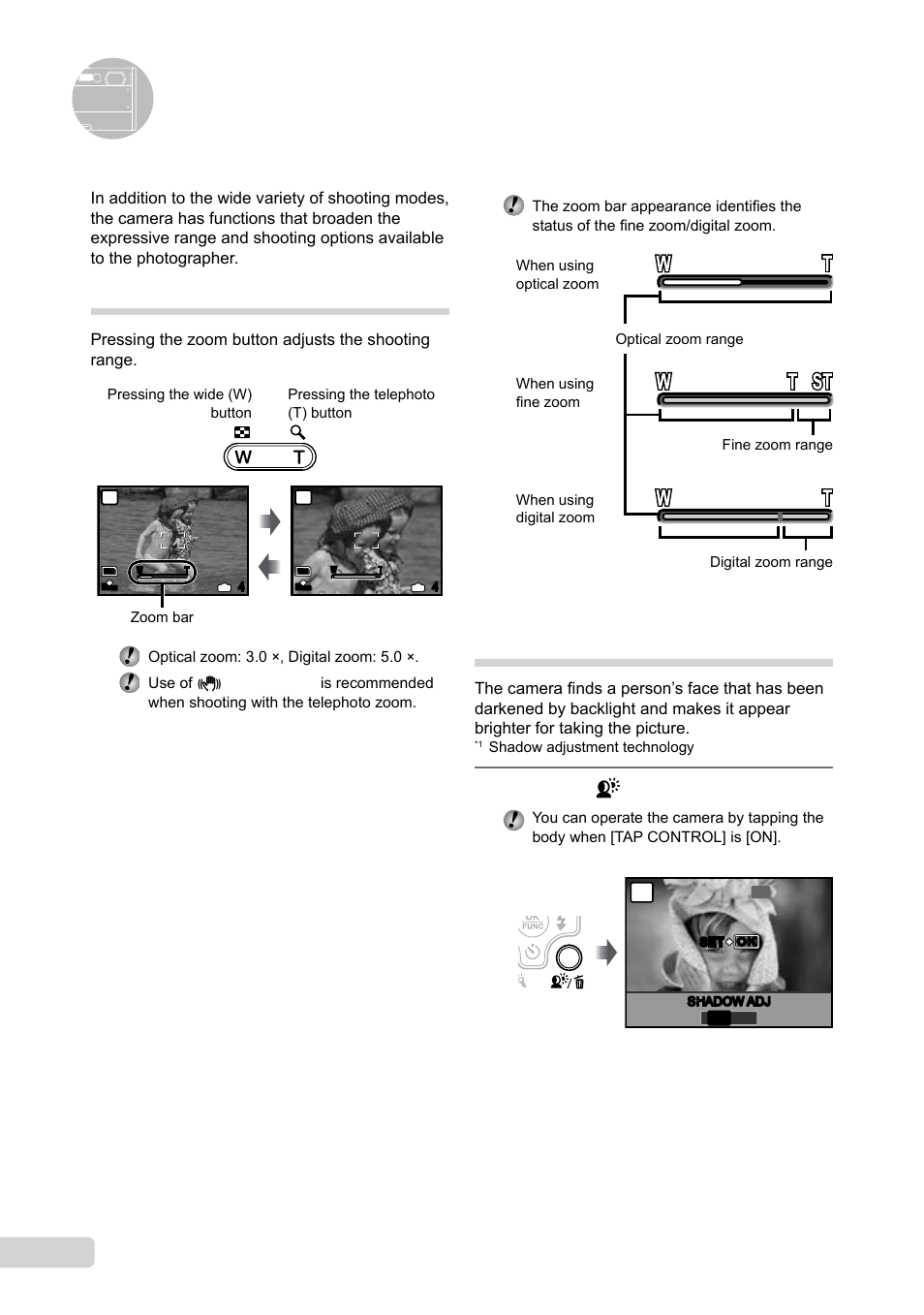 Using shooting functions, Using the optical zoom, 0 en | Press the f button | Olympus µ 1050 SW User Manual | Page 20 / 80