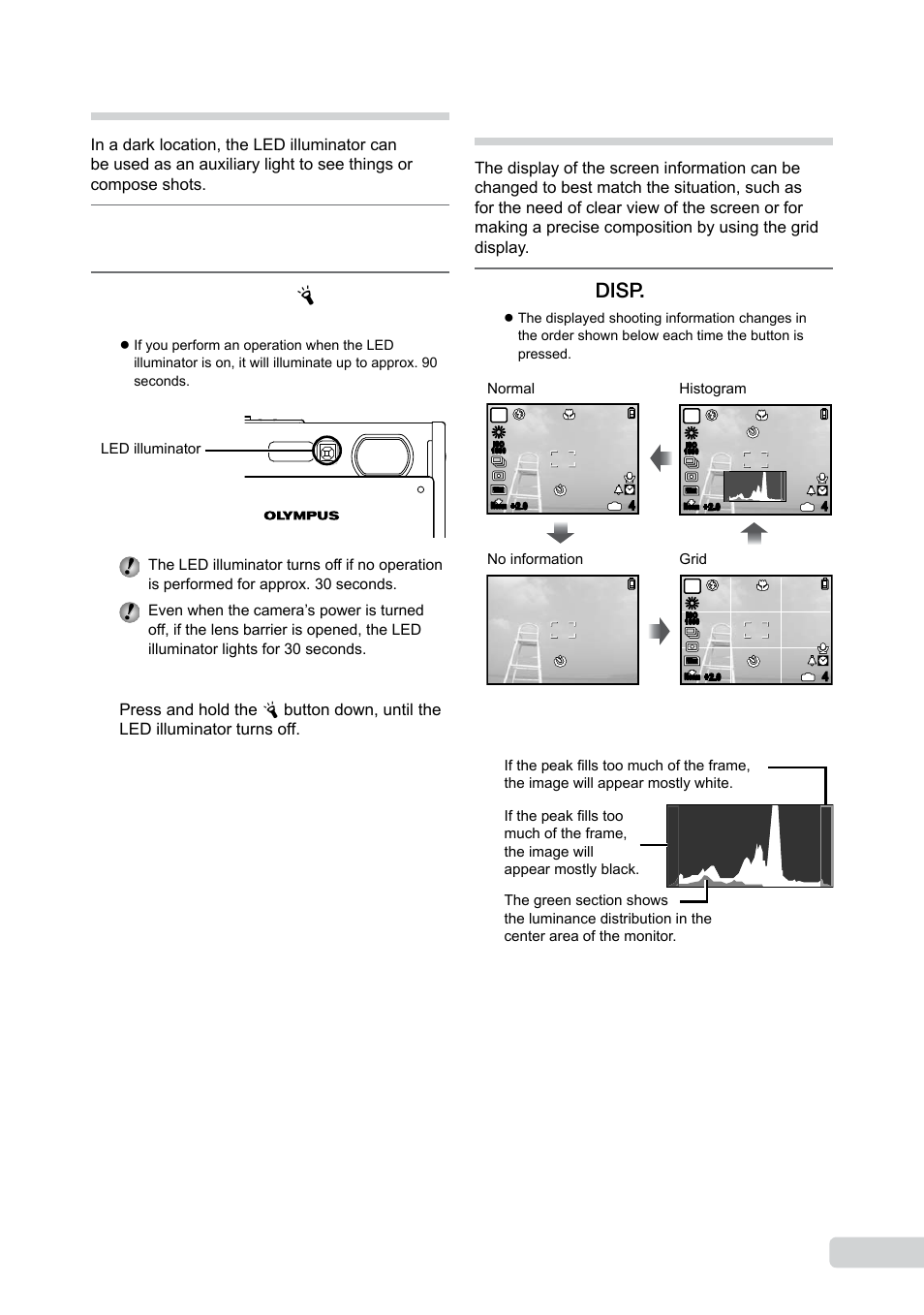 Using the led illuminator, Changing the shooting information display, En using the led illuminator | Set [led illuminator] (p. 47) to [on, Press the g button, Reading a histogram | Olympus µ 1050 SW User Manual | Page 23 / 80