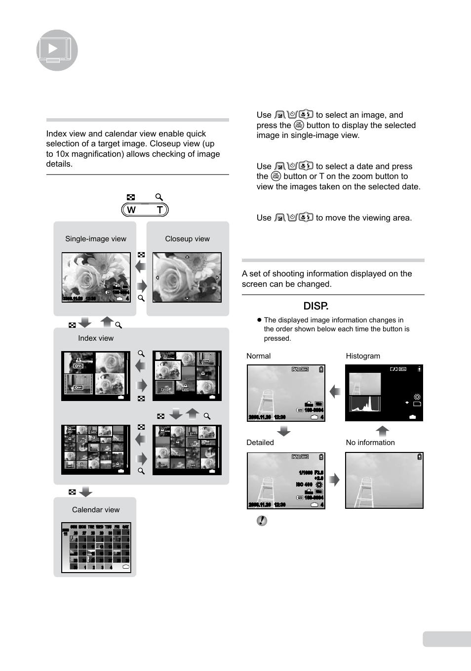 Using playback features, Index view, calendar view, and closeup view, Changing the image information display | Press the g button, Press the zoom button, Use 1234 to move the viewing area, Index view single-image view closeup view, Calendar view | Olympus µ 1050 SW User Manual | Page 25 / 80