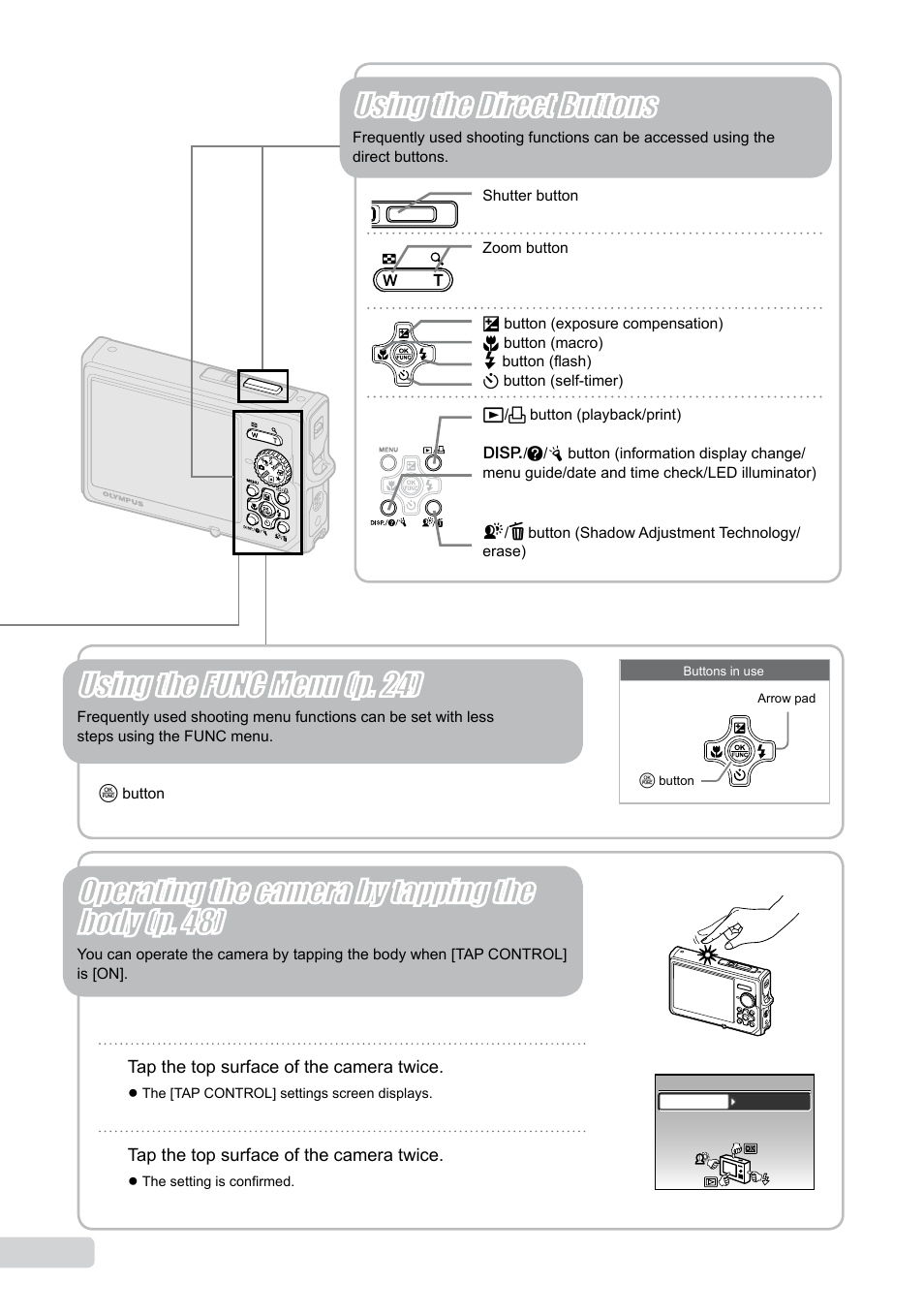 Using the func menu (p. 24), Using the direct buttons, Operating the camera by tapping the body (p. 48) | Olympus µ 1050 SW User Manual | Page 4 / 80
