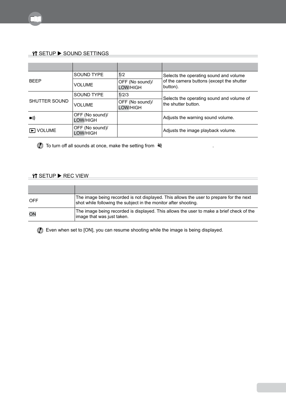 Selecting the camera sound and its volume, Viewing the image immediately after shooting | Olympus µ 1050 SW User Manual | Page 43 / 80