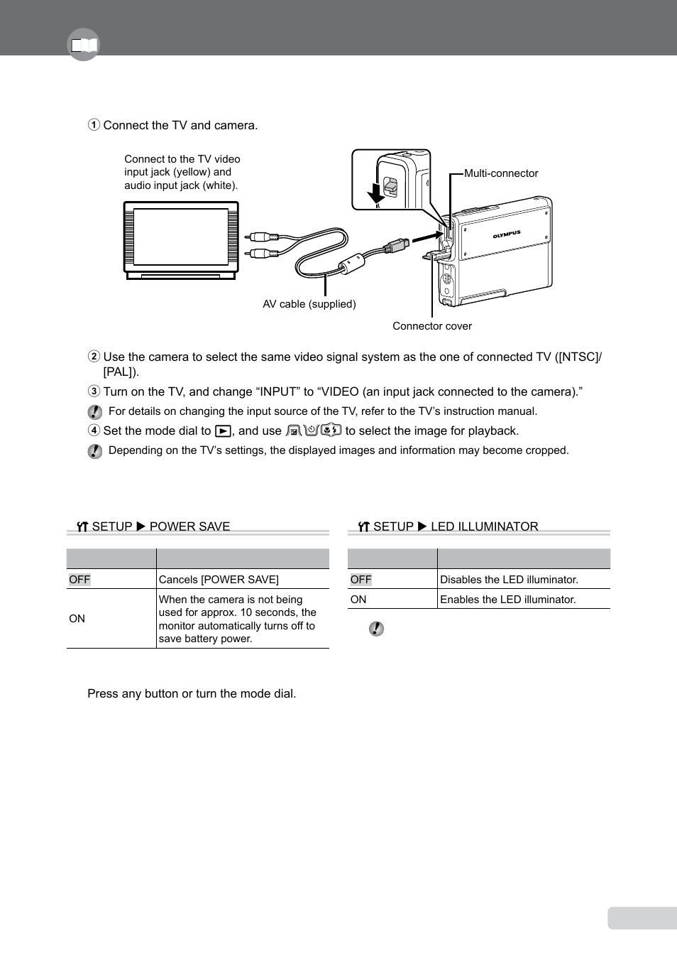 Saving battery power between shots, Using the led illuminator as an auxiliary light, Saving battery power between shots [power save | Olympus µ 1050 SW User Manual | Page 47 / 80