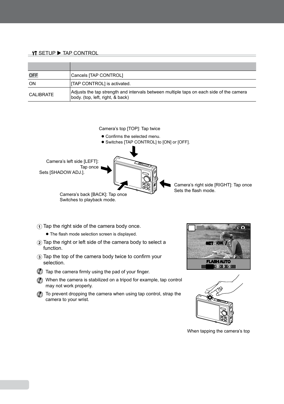 Operating the camera by tapping the body | Olympus µ 1050 SW User Manual | Page 48 / 80