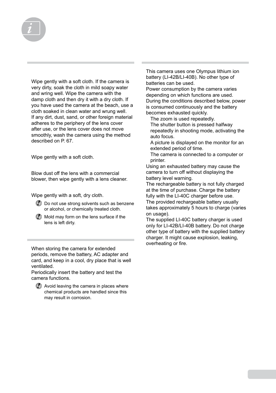 Appendix, Camera care, Storage | Battery and charger | Olympus µ 1050 SW User Manual | Page 63 / 80