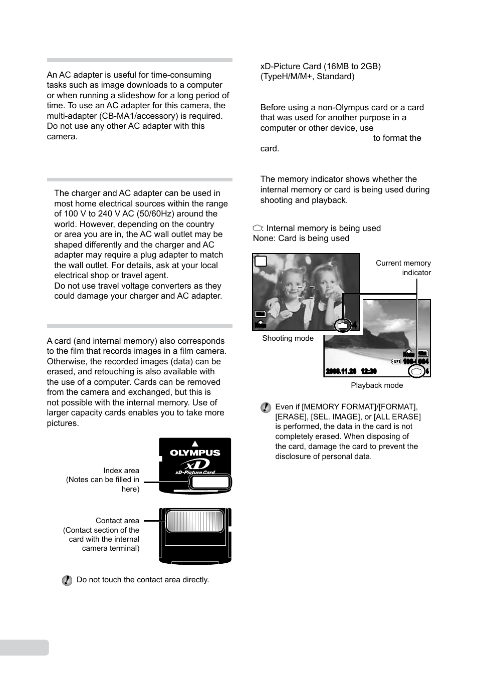 Using an ac adapter, Using your charger and ac adapter abroad, Using an xd-picture card | En using an ac adapter | Olympus µ 1050 SW User Manual | Page 64 / 80