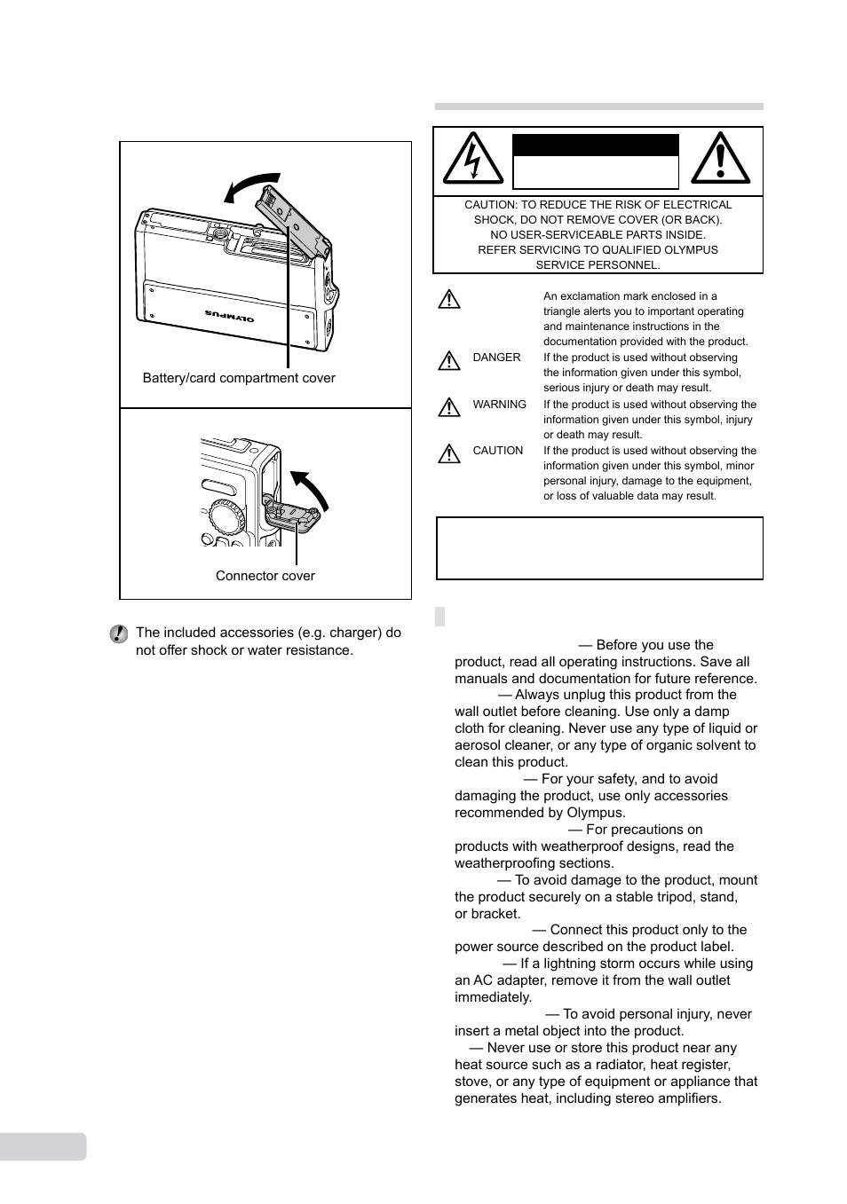 Safety precautions, General precautions | Olympus µ 1050 SW User Manual | Page 68 / 80