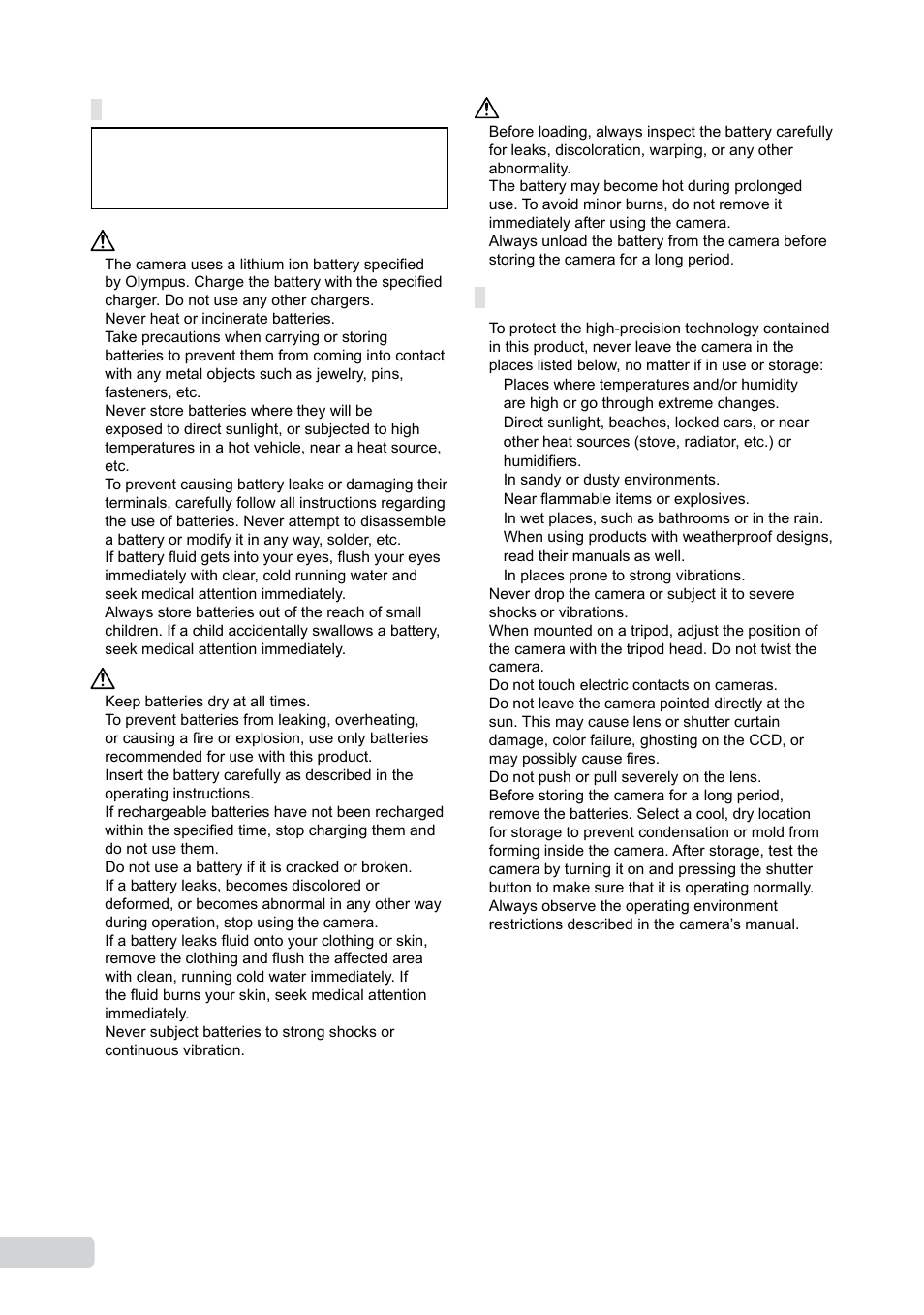 Battery handling precautions, Caution for usage environment, 0 en | Olympus µ 1050 SW User Manual | Page 70 / 80