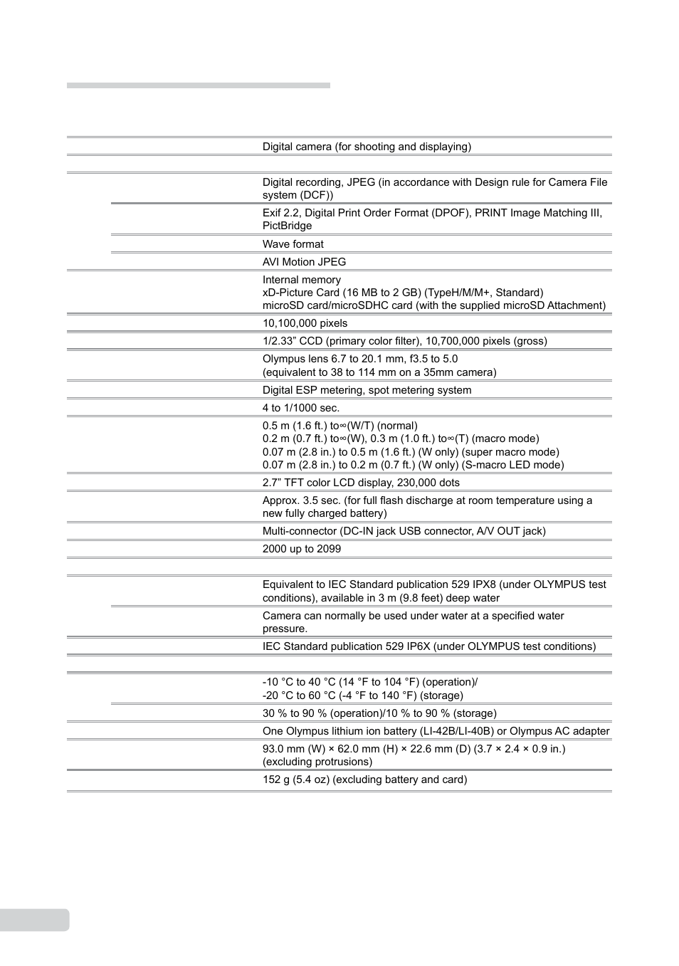 Specifications, En specifications | Olympus µ 1050 SW User Manual | Page 74 / 80