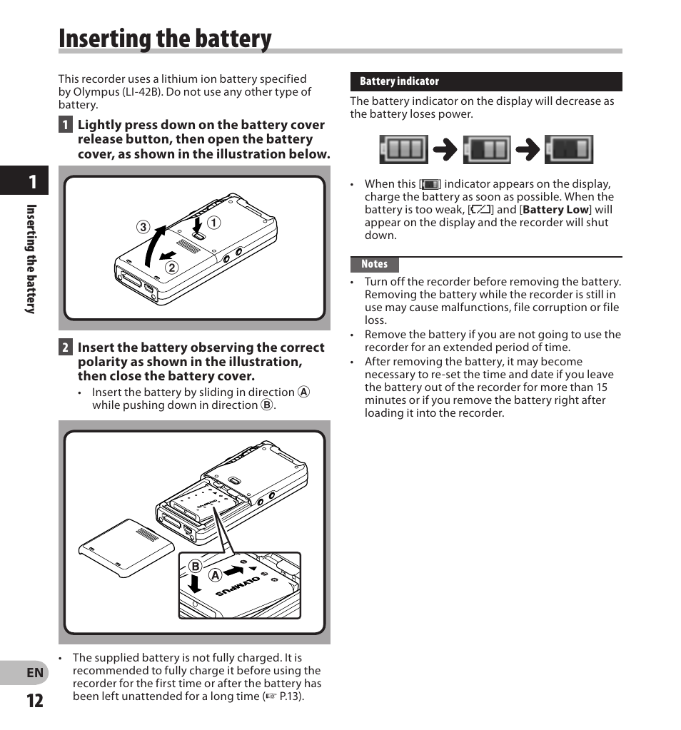 Inserting the battery | Olympus DS7000 User Manual | Page 12 / 56