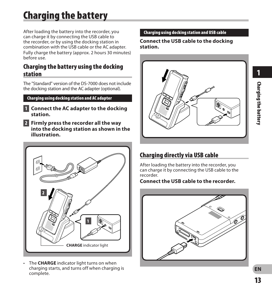 Charging the battery, Charging the battery using the docking station, Charging directly via usb cable | Olympus DS7000 User Manual | Page 13 / 56