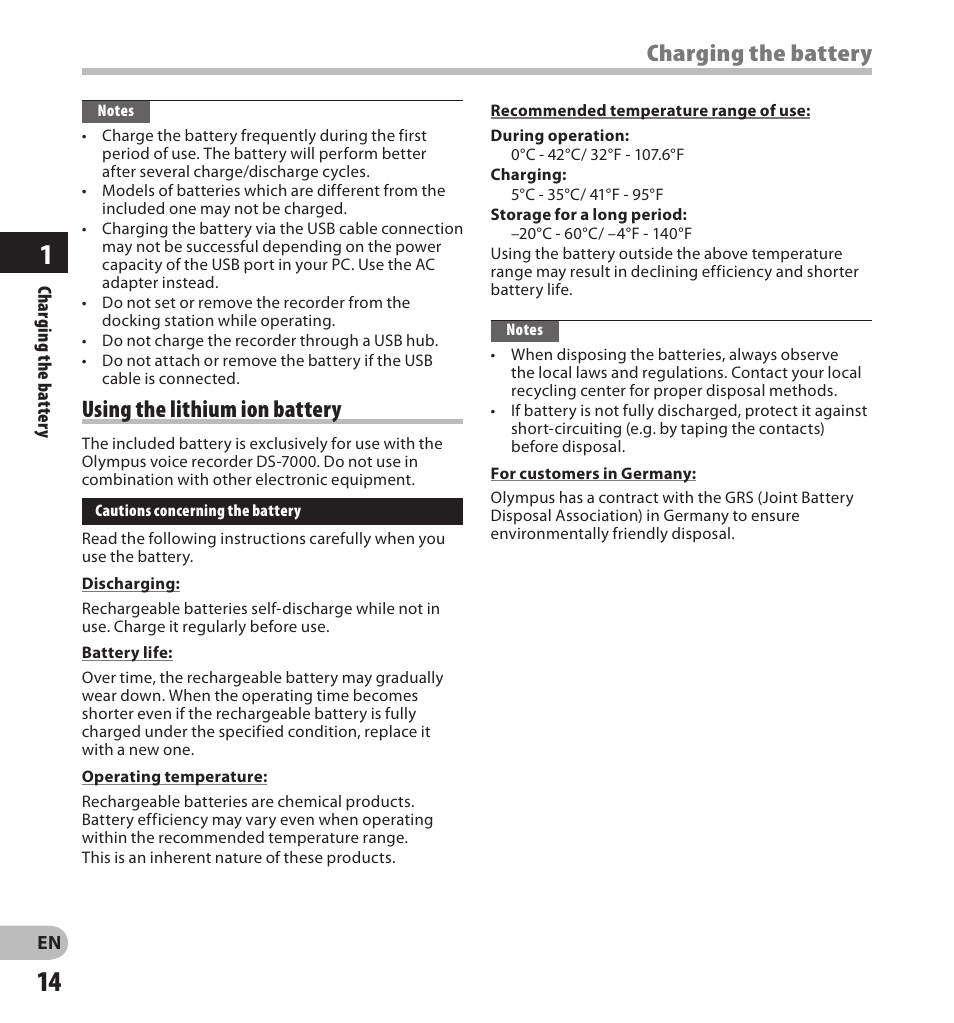 Using the lithium ion battery, Charging the battery | Olympus DS7000 User Manual | Page 14 / 56