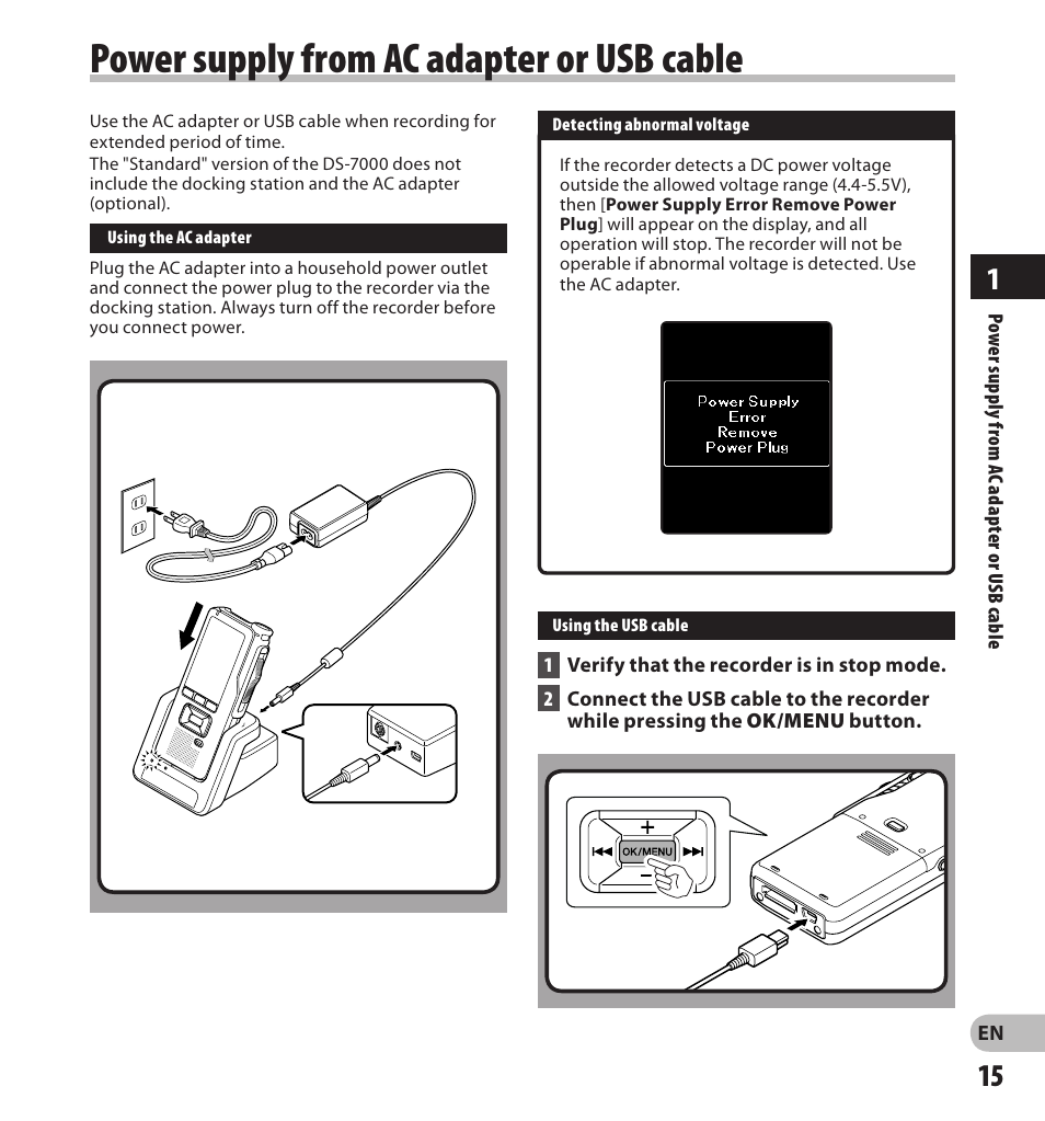 Power supply from ac adapter or usb cable | Olympus DS7000 User Manual | Page 15 / 56