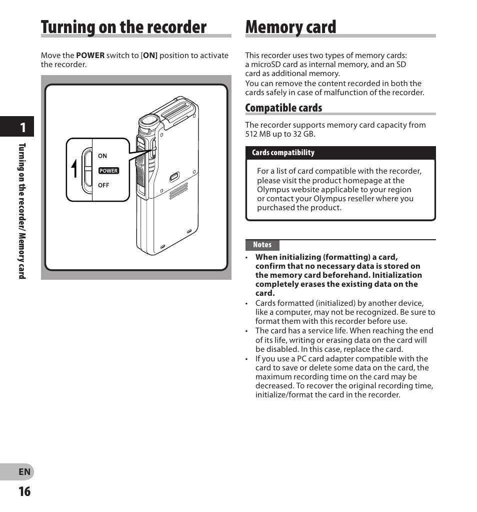 Turning on the recorder, Compatible cards | Olympus DS7000 User Manual | Page 16 / 56