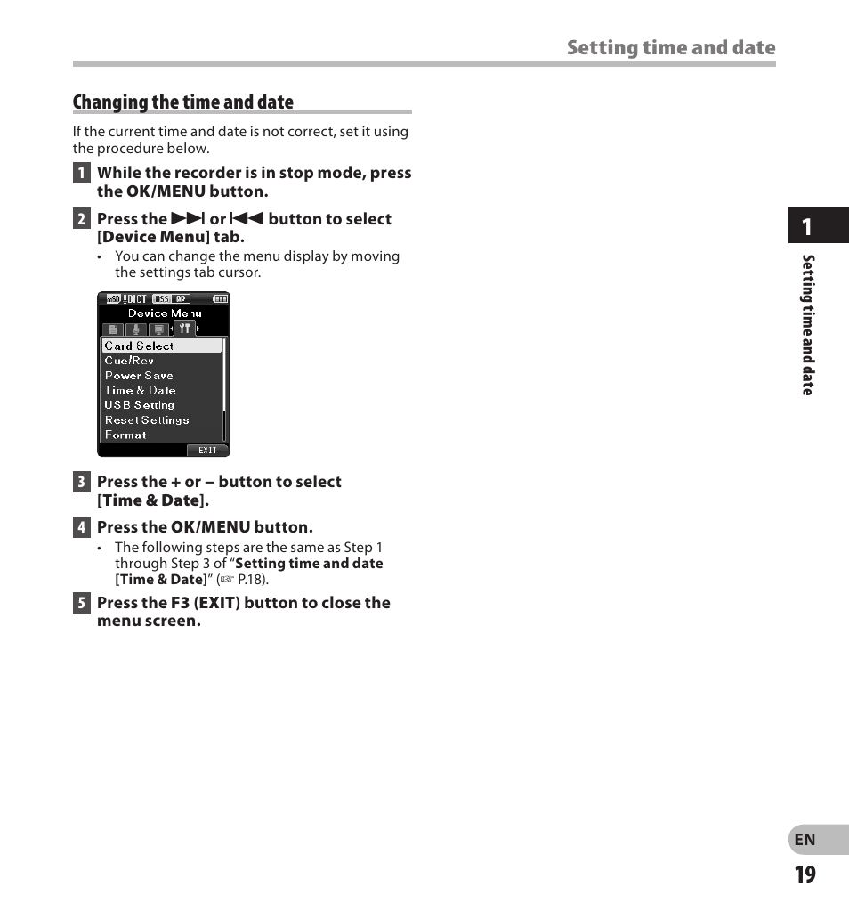 Setting time and date changing the time and date | Olympus DS7000 User Manual | Page 19 / 56