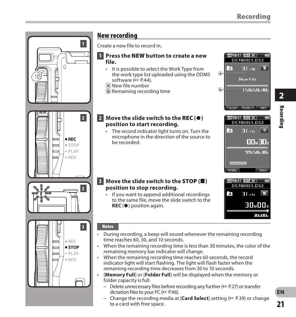 Recording, New recording | Olympus DS7000 User Manual | Page 21 / 56