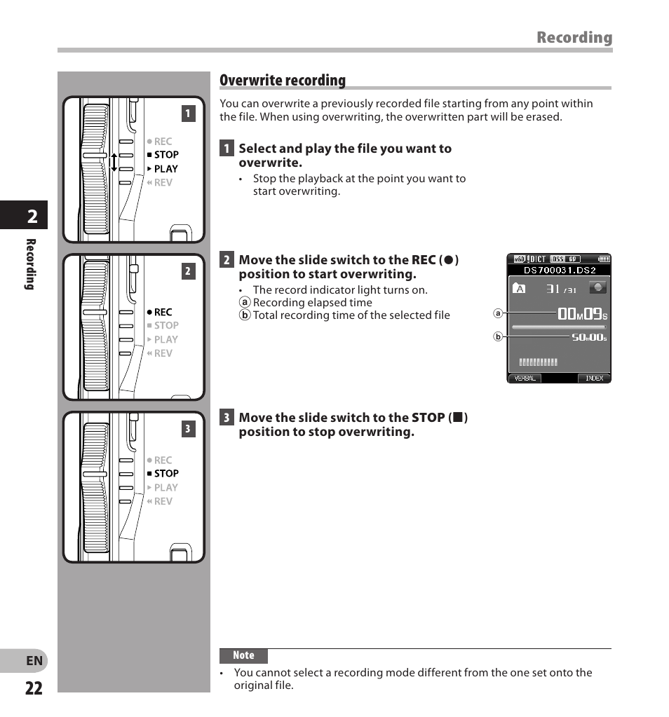 Recording, Overwrite recording | Olympus DS7000 User Manual | Page 22 / 56
