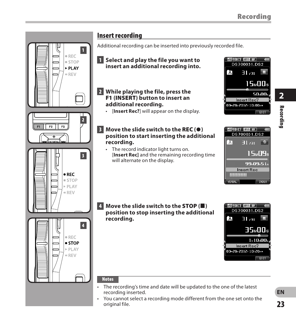 Recording, Insert recording | Olympus DS7000 User Manual | Page 23 / 56