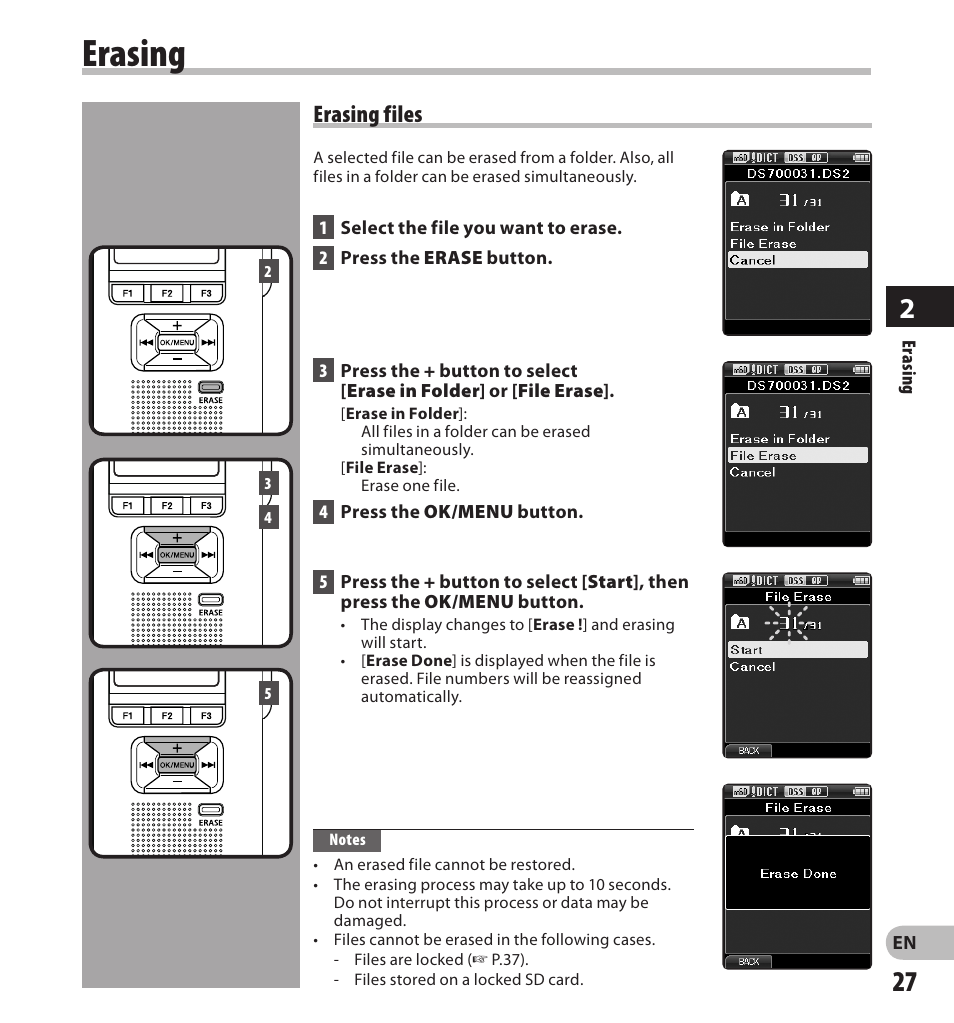 Erasing, Erasing files | Olympus DS7000 User Manual | Page 27 / 56